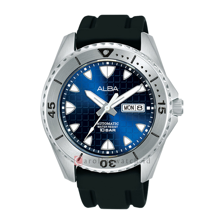 Jam Tangan ALBA Mechanical AL4585X1 Men Blue Patterned Dial Black Silicone Strap