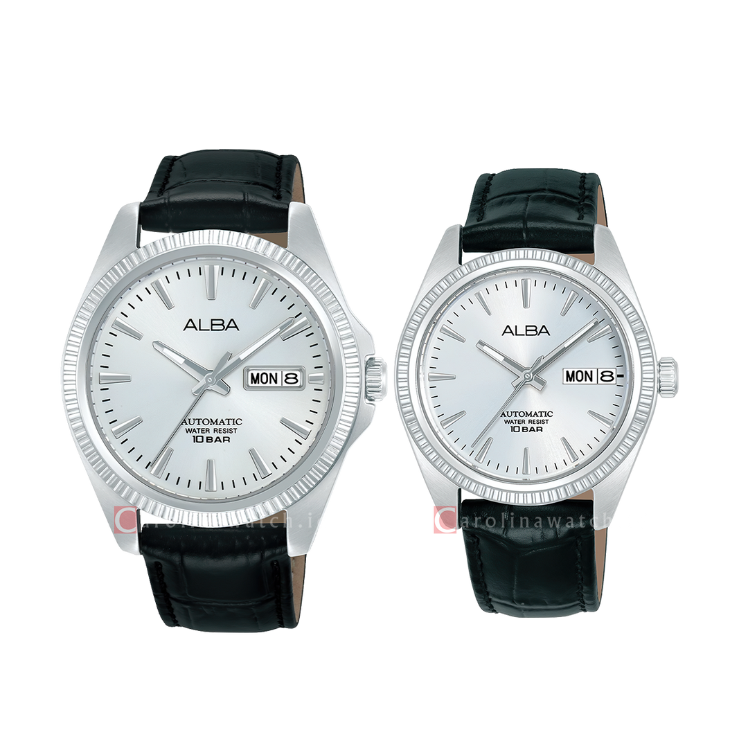 Jam Tangan Couple Alba AL4813X1/AL4815X1 Silver Dial Black Leather Strap