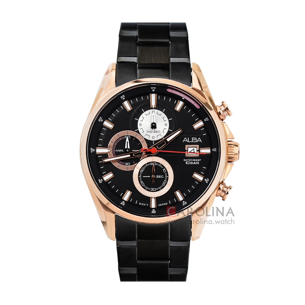 Jam Tangan ALBA Active Chronograph AM3576X1 Men Black Dial Black Stainless Steel Strap