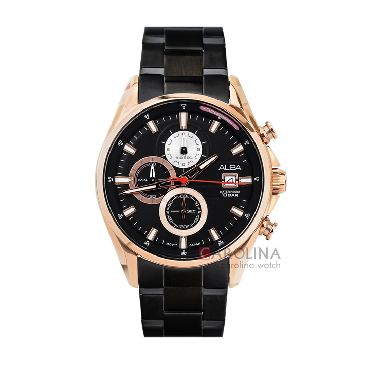 Jam Tangan ALBA Active Chronograph AM3576X1 Men Black Dial Black Stainless Steel Strap