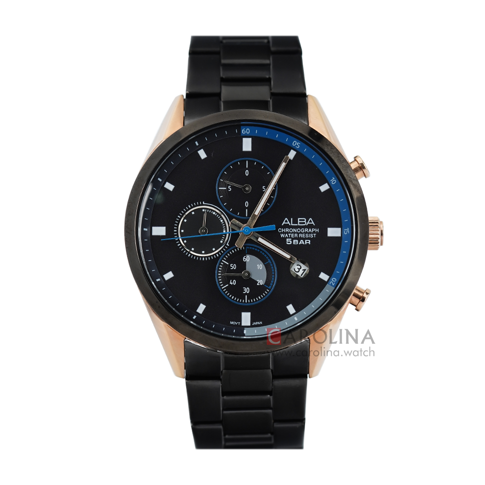 Jam Tangan ALBA Chronograph AM3588X1 Men Black Dial Black Stainless Steel Strap