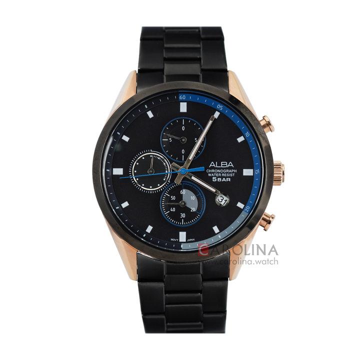 Jam Tangan ALBA Chronograph AM3588X1 Men Black Dial Black Stainless Steel Strap
