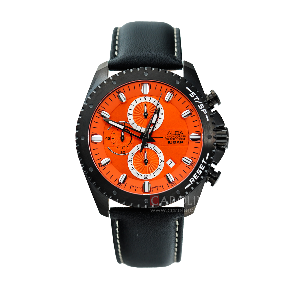 Jam Tangan ALBA Active AM3643X1 Men Orange Dial Black Leather Strap