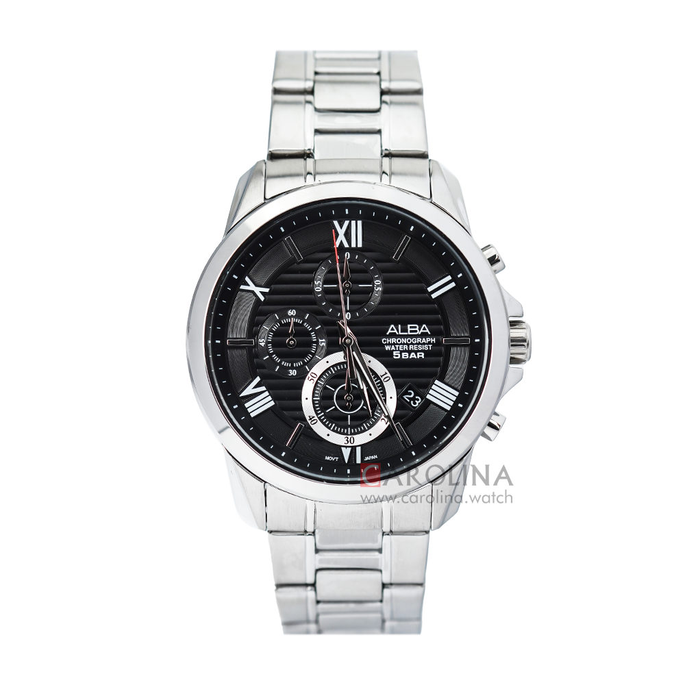 Jam Tangan ALBA Chronograph AM3775X1 Men Black Dial Stainless Steel Strap