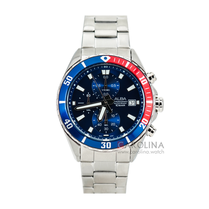 Jam Tangan ALBA Active AM3801X1 Men Chronograph Blue Dial Stainless Steel Strap
