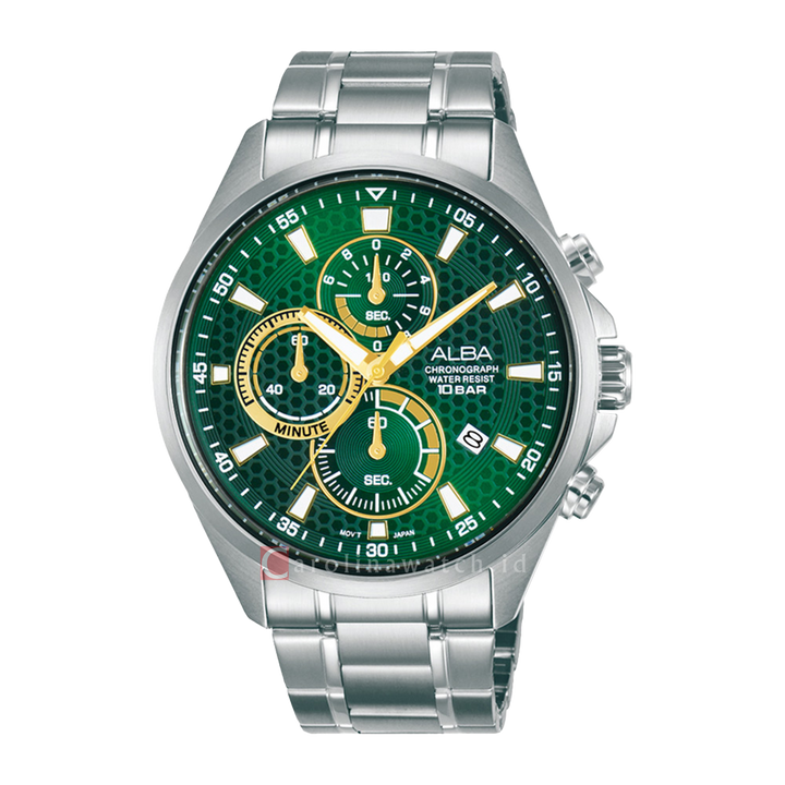 Jam Tangan ALBA Active AM3869X1 Men Chronograph Green Dial Stainless Steel Strap