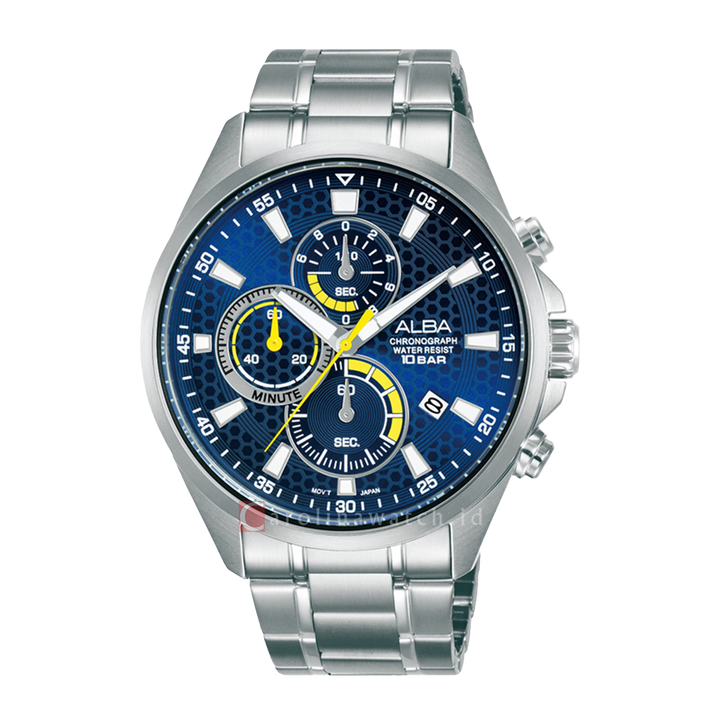 Jam Tangan ALBA Active AM3873X1 Men Chronograph Blue Patterned Dial Stainless Steel Strap