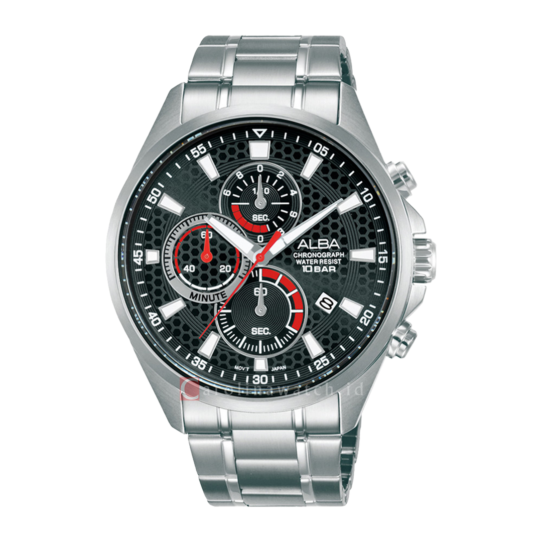 Jam Tangan ALBA Active AM3875X1 Men Chronograph Black Patterned Dial Stainless Steel Strap
