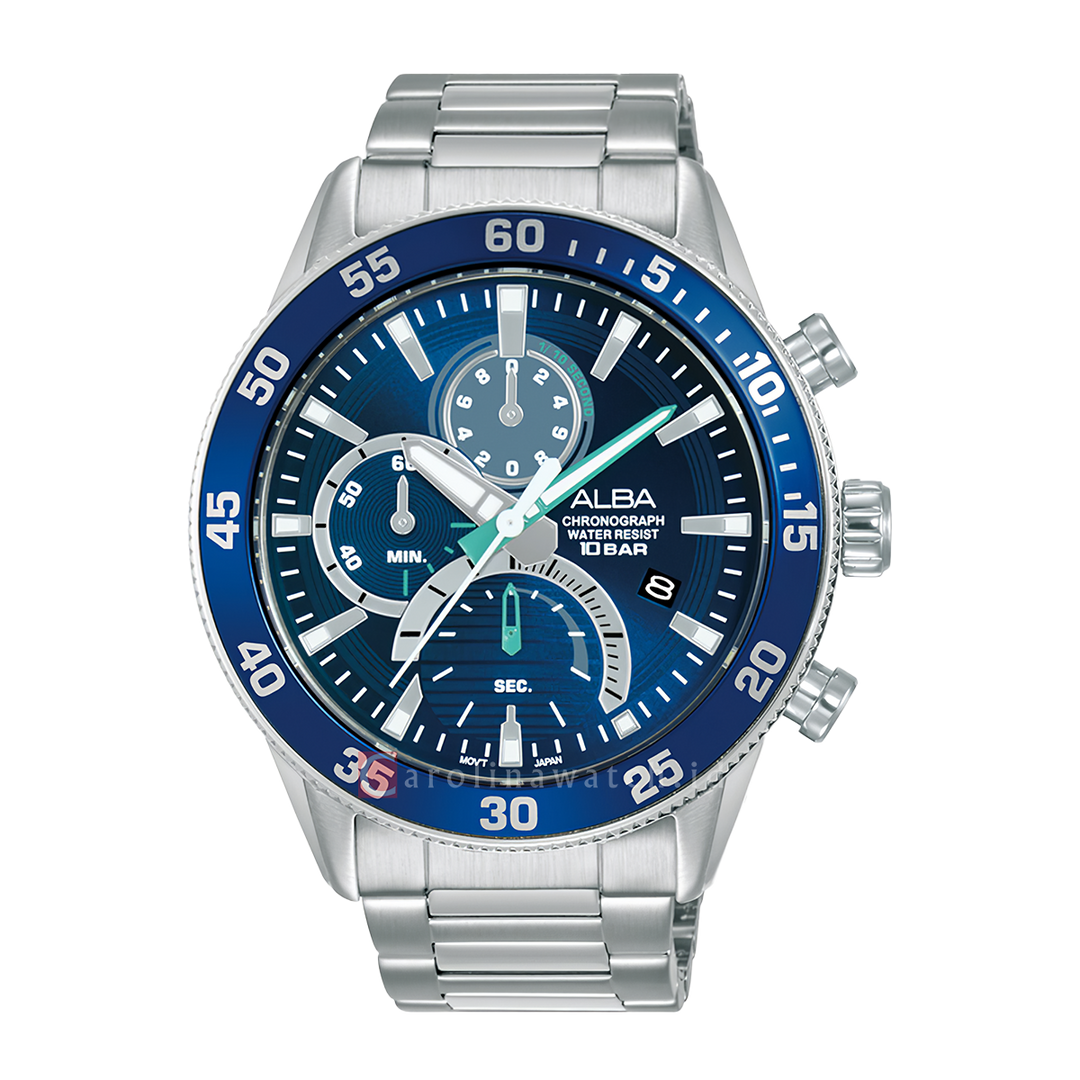 Jam Tangan ALBA Active AM3897X1 Chronograph Men Blue Dial Stainless Steel Strap