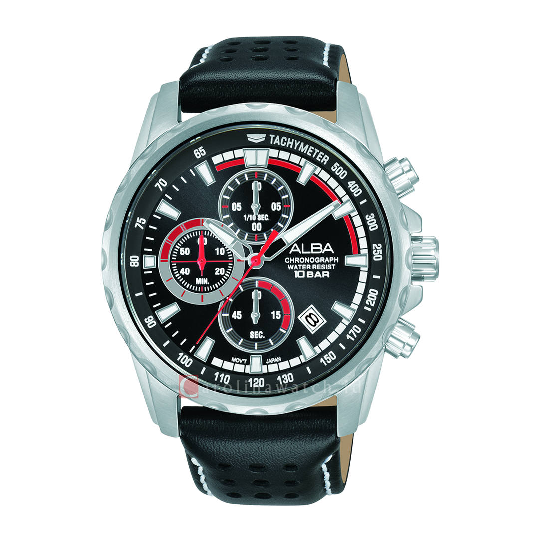 Jam Tangan ALBA Active AM3935X1 Men Chronograph Black Dial Black Leather Strap