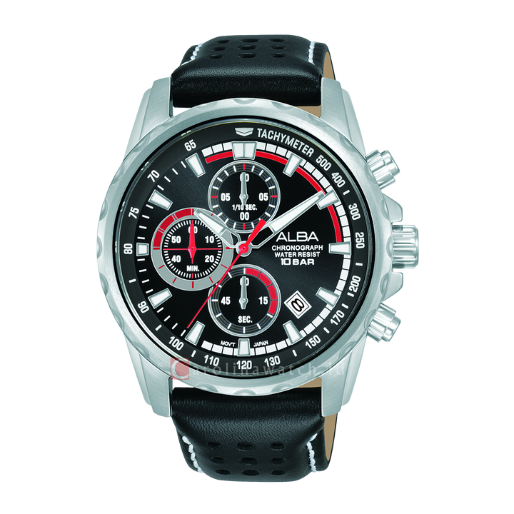 Jam Tangan ALBA Active AM3935X1 Men Chronograph Black Dial Black Leather Strap