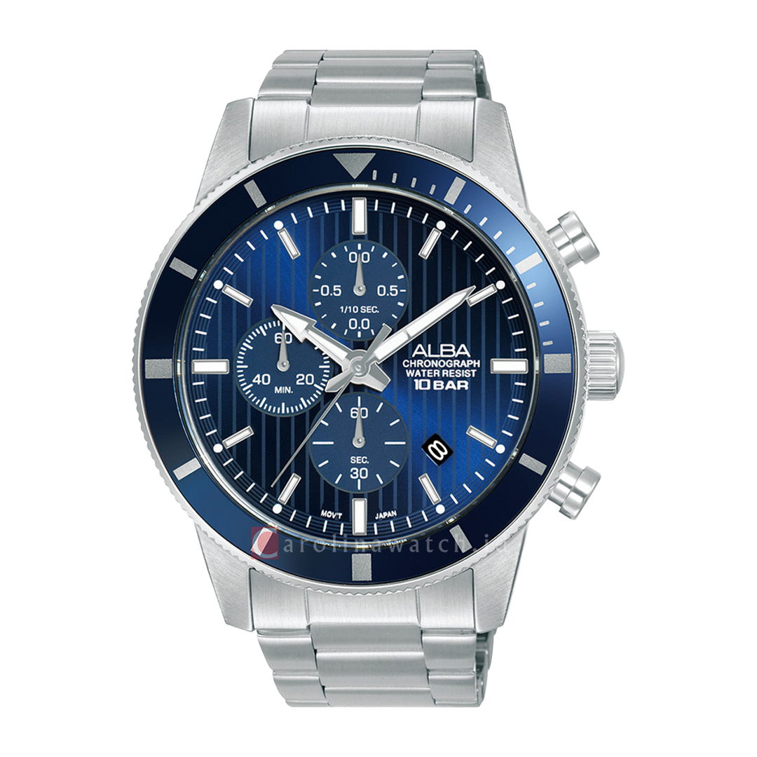 Jam Tangan ALBA Active AM3955X1 Men Chronograph Blue Patterned Dial Stainless Steel Strap