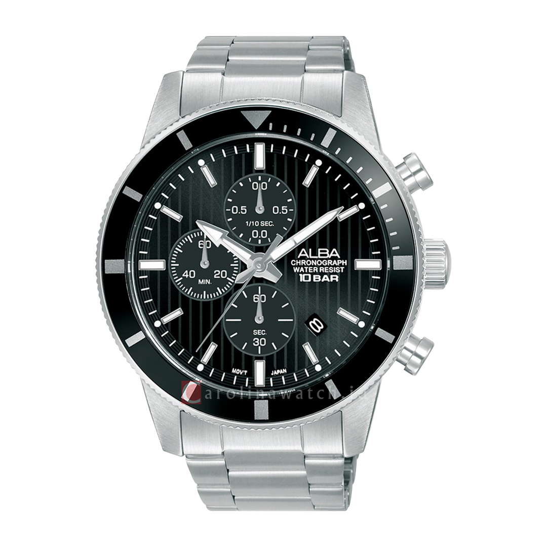 Jam Tangan ALBA Active AM3957X1 Men Chronograph Black Patterned Dial Stainless Steel Strap