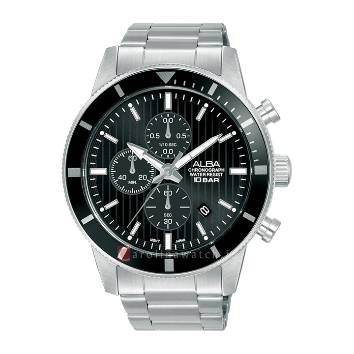 Jam Tangan ALBA Active AM3957X1 Men Chronograph Black Patterned Dial Stainless Steel Strap