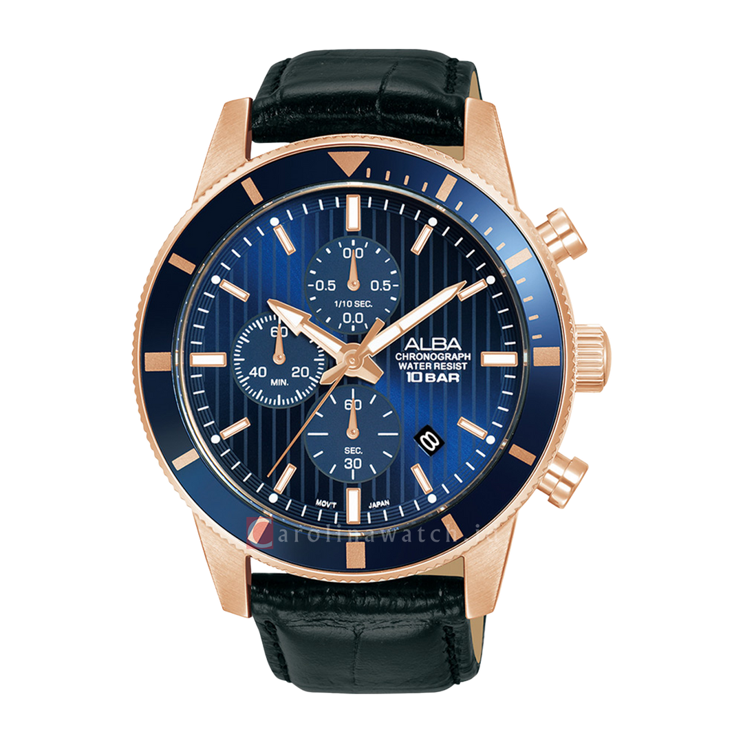 Jam Tangan ALBA Active AM3960X1 Men Chronograph Blue Patterned Dial Black Leather Strap