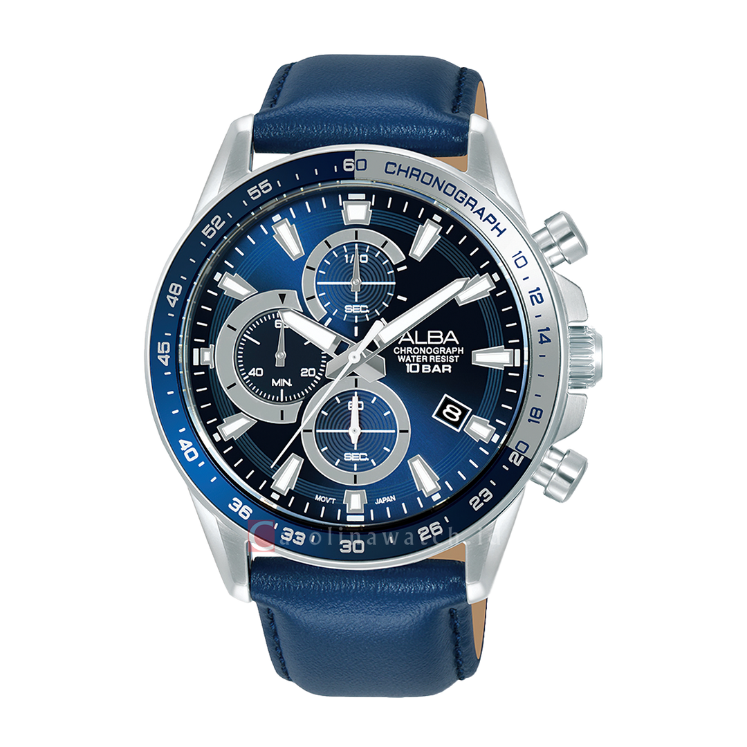 Jam Tangan ALBA Chronograph AM3A29X1 Men Blue Dial Blue Leather Strap