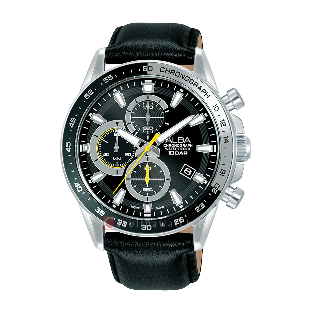 Jam Tangan ALBA Chronograph AM3A31X1 Men Black Dial Black Leather Strap