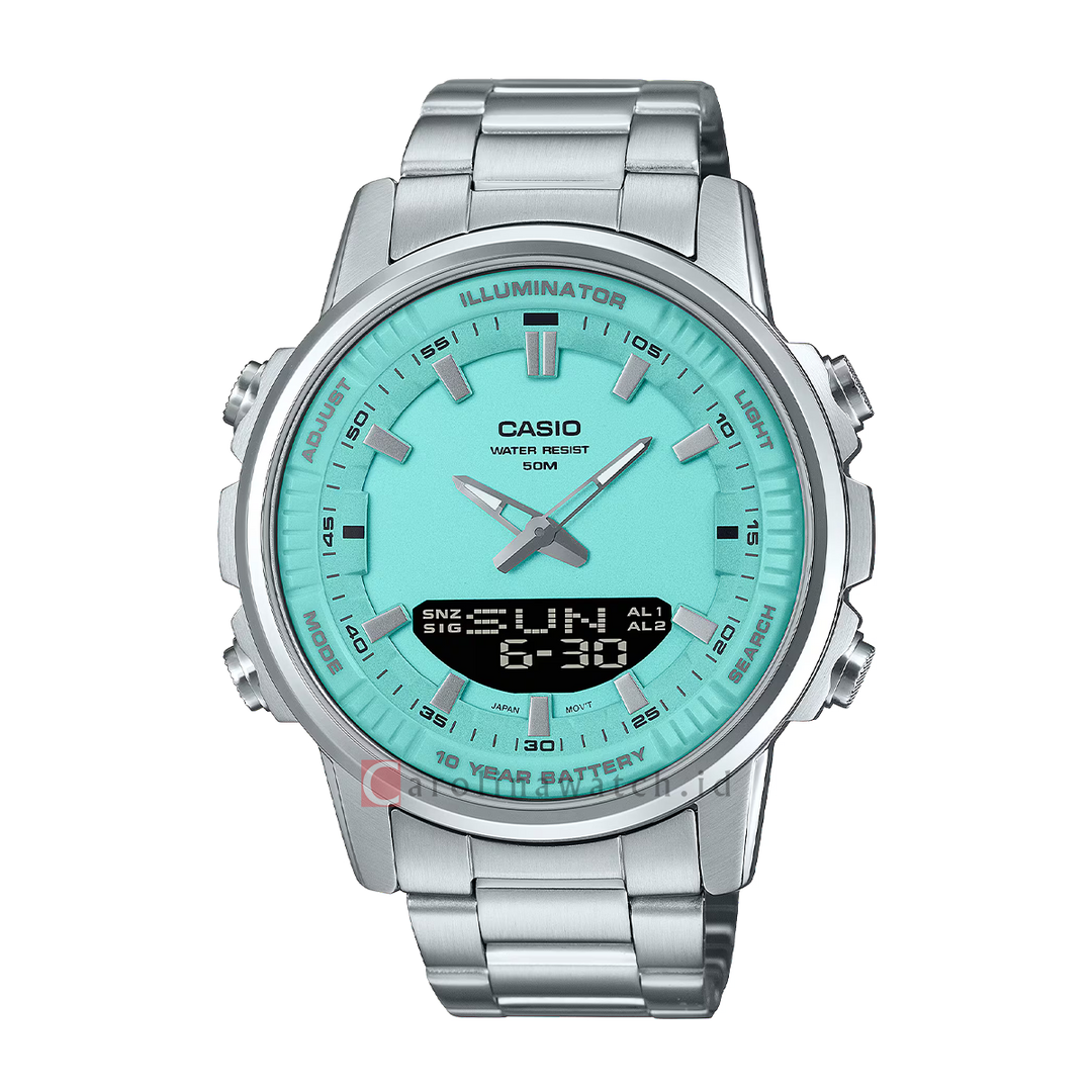 Jam Tangan Casio POP AMW-880D-2A2 Men Turquoise Digital Analog Dial Stainless Steel Strap