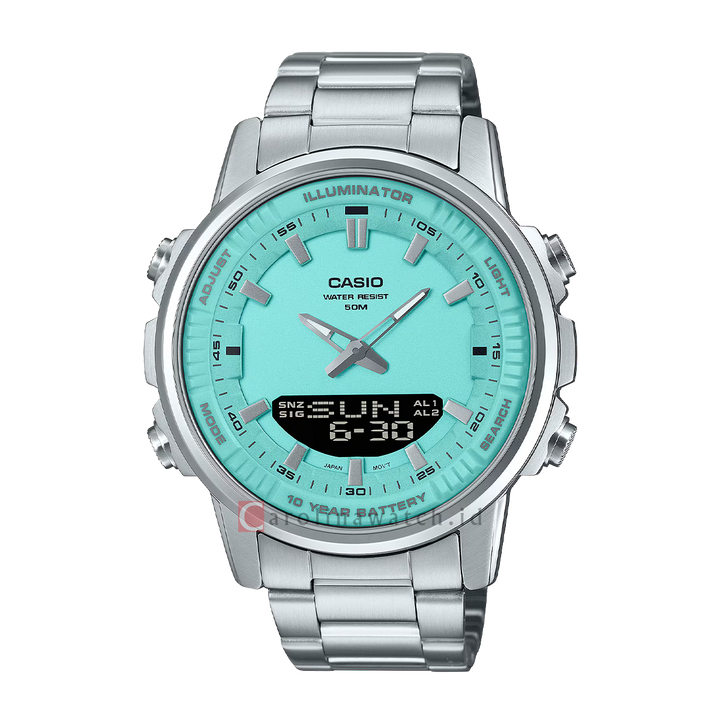 Jam Tangan Casio POP AMW-880D-2A2 Men Turquoise Digital Analog Dial Stainless Steel Strap