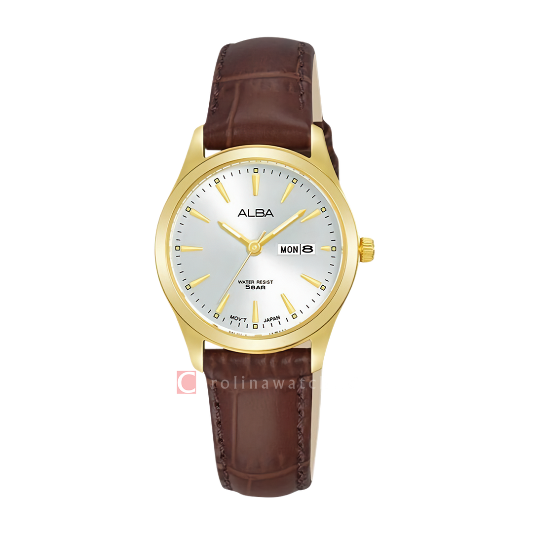 Jam Tangan ALBA AN8094X1 Women Silver Dial Brown Leather Strap