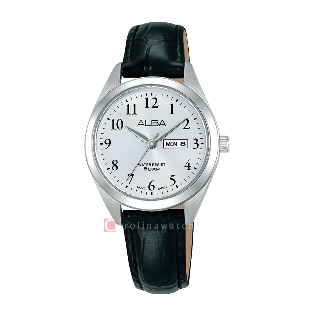 Jam Tangan ALBA AN8131X1 Women Silver Dial Black Leather Strap