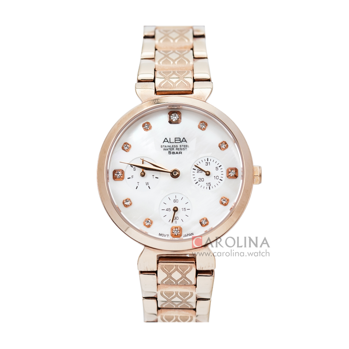 Jam Tangan ALBA Fashion AP6530X1 Women White Mother Of Pearl Dial Rose Gold Stainless Steel Strap