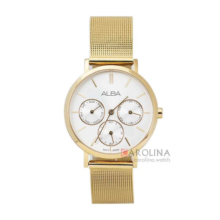 Jam Tangan ALBA AP6596X1 Women Silver Patterned Dial Gold Mesh Stainless Steel Strap