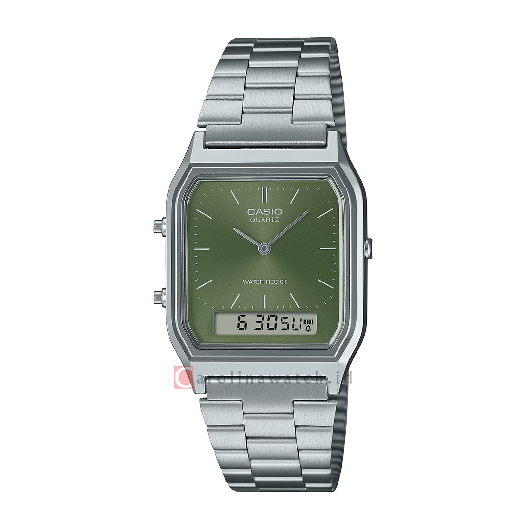 Jam Tangan Casio General AQ-230A-3AMQY Unisex Green Digital Analog Dial Stainless Steel Band