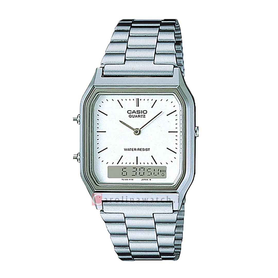 Jam Tangan CASIO General AQ-230A-7D Men White Digital Analog Dial Stainless Steel Strap