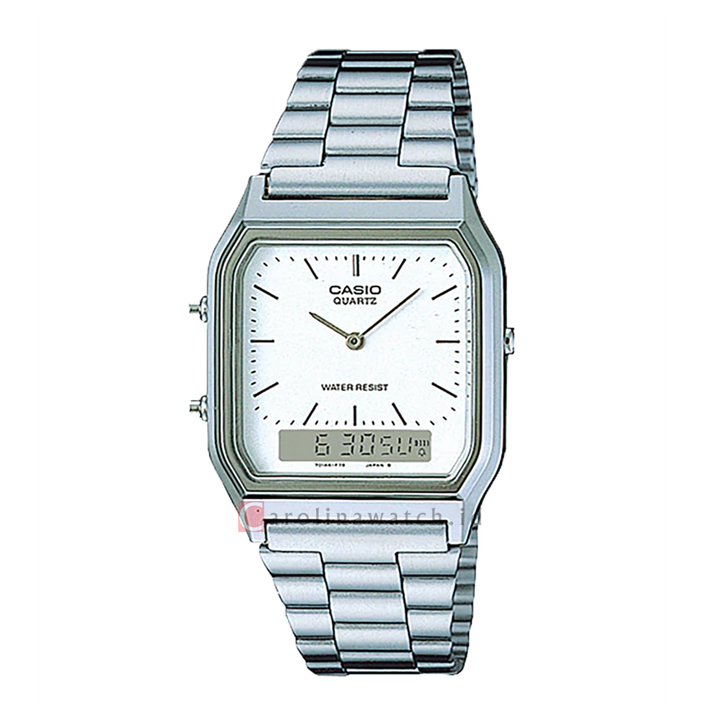 Jam Tangan CASIO General AQ-230A-7D Men White Digital Analog Dial Stainless Steel Strap