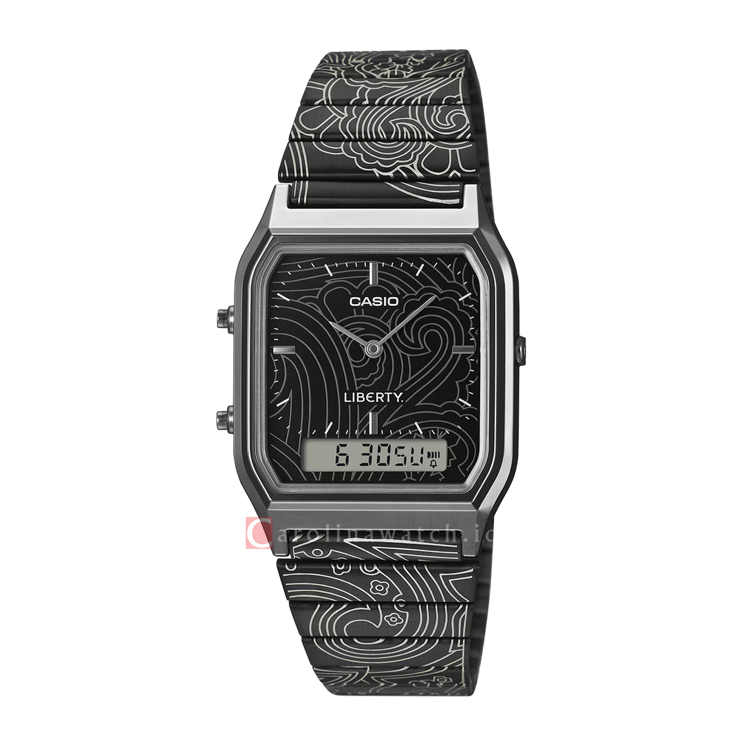 Jam Tangan Casio Vintage x Liberty AQ-230EBLT-1A UNO™ Collaboration Model Unisex Black Digital Analog Dial Black Stainless Steel Band Special Edition