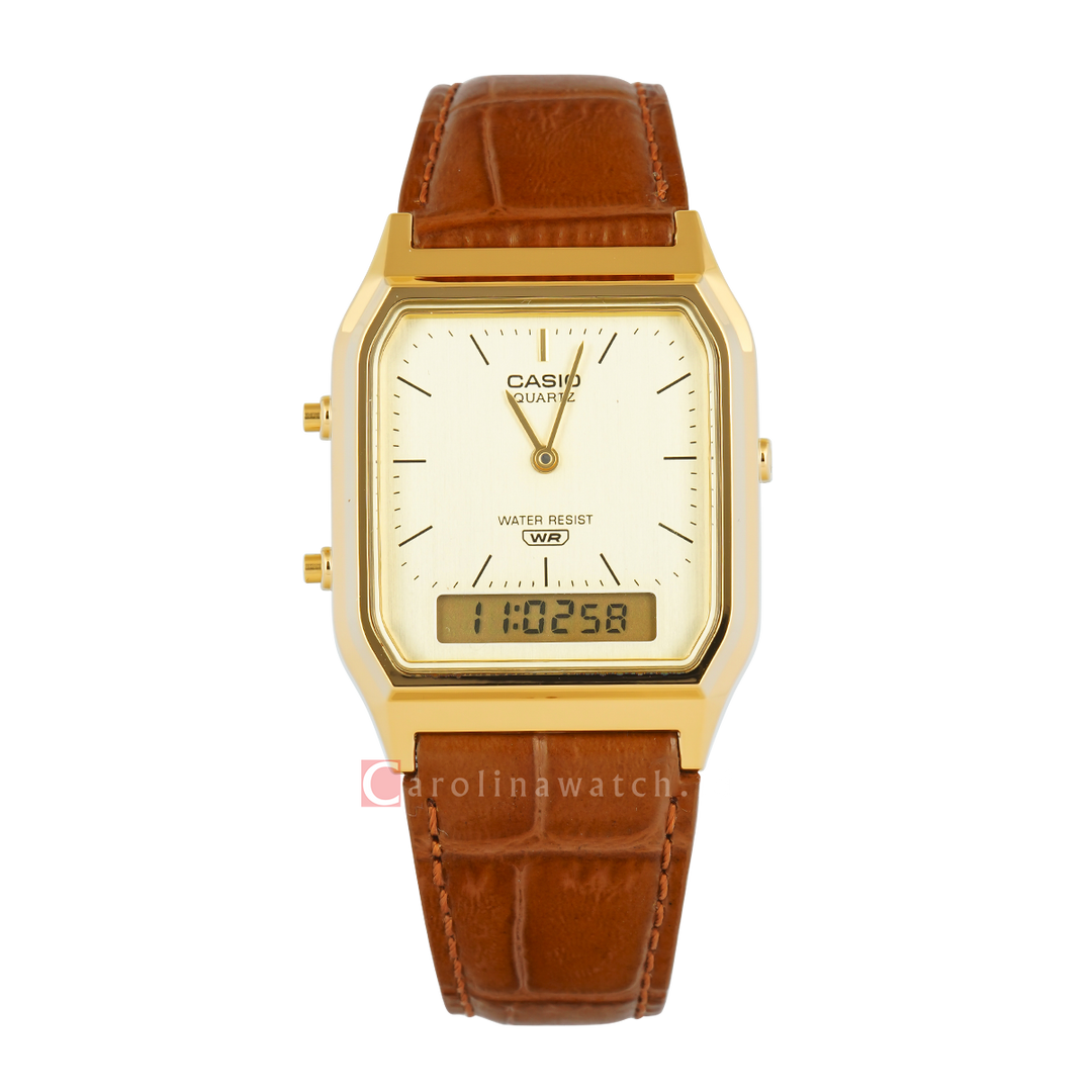 Jam Tangan Casio General AQ-230EGL-9A Unisex Digital Analog Dial Brown Leather Band