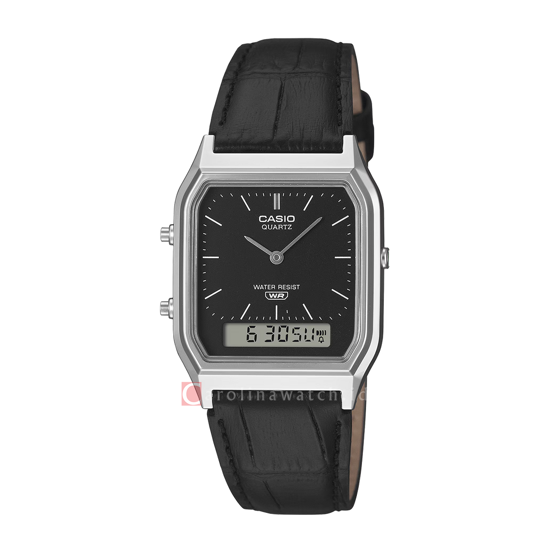Jam Tangan Casio General AQ-230EL-1A Unisex Black Digital Analog Dial Black Leather Band