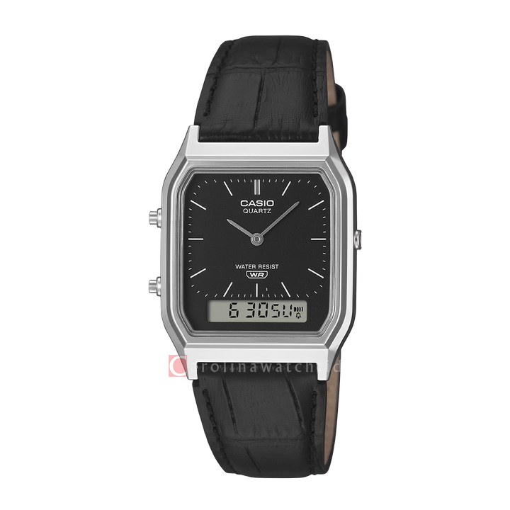 Jam Tangan Casio General AQ-230EL-1A Unisex Black Digital Analog Dial Black Leather Band