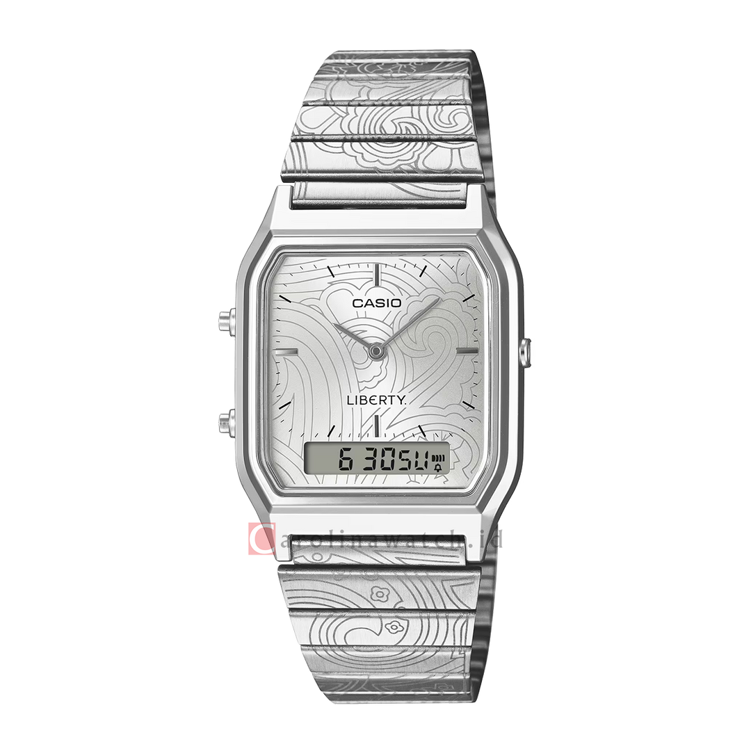 Jam Tangan Casio Vintage x Liberty AQ-230ELT-7A UNO™ Collaboration Model Unisex Silver Digital Analog Dial Stainless Steel Band Special Edition