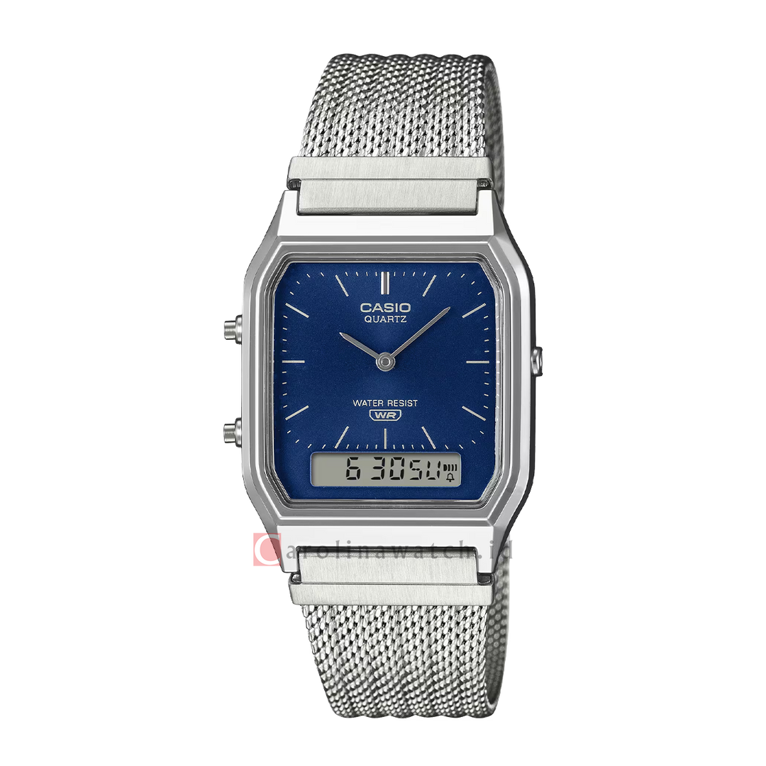 Jam Tangan Casio Vintage AQ-230EM-2A Unisex Black Digital Analog Dial Stainless Steel Mesh Band