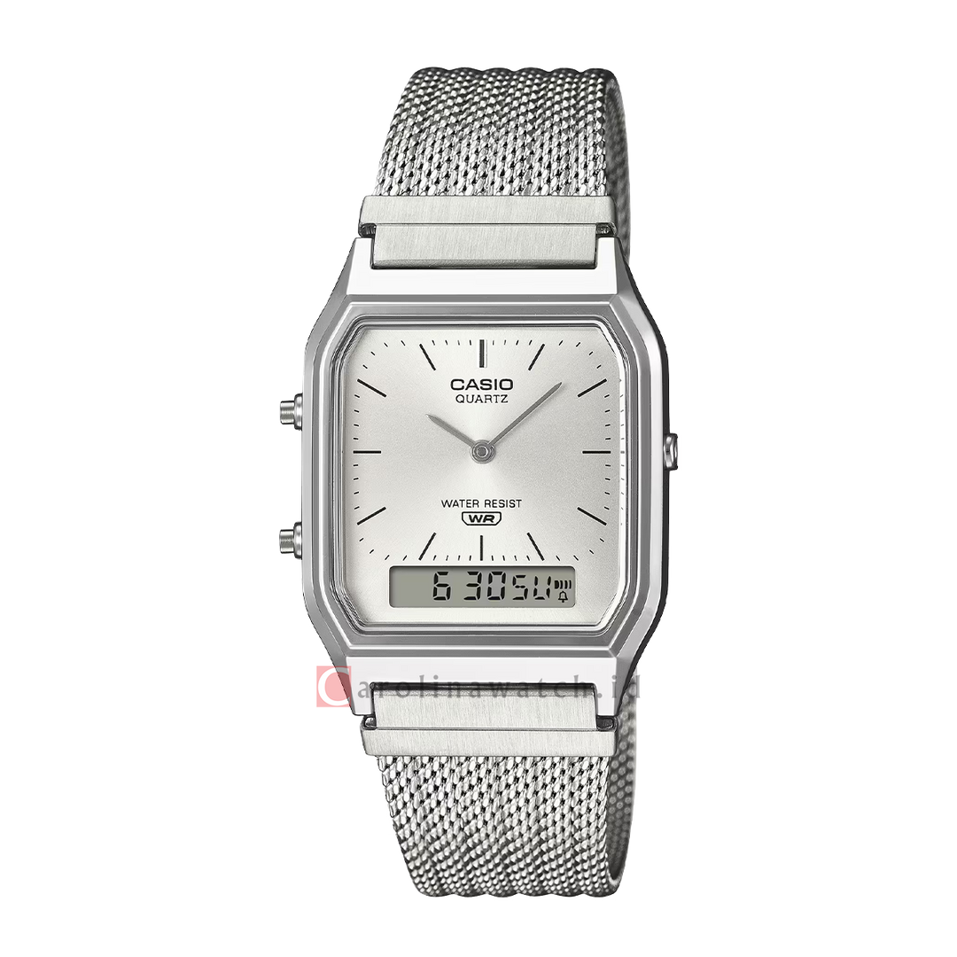 Jam Tangan Casio Vintage AQ-230EM-7A Unisex Silver Digital Analog Dial Stainless Steel Mesh Band