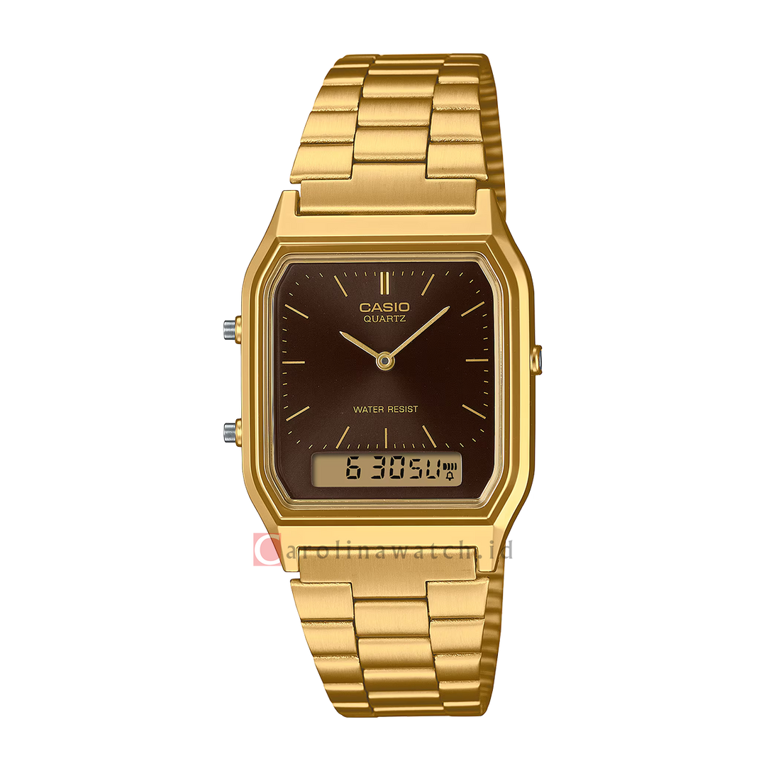 Jam Tangan Casio General AQ-230GA-5AMQY Unisex Black Digital Analog Dial Gold Stainless Steel Band