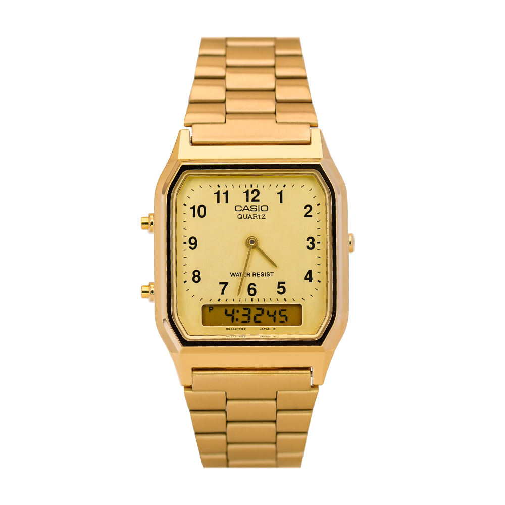 Jam Tangan Casio General AQ-230GA-9B Unisex Gold Digital Analog Dial Gold Stainless Steel Strap