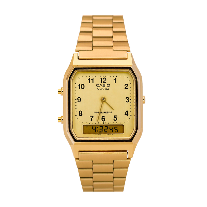 Jam Tangan Casio General AQ-230GA-9B Unisex Gold Digital Analog Dial Gold Stainless Steel Strap