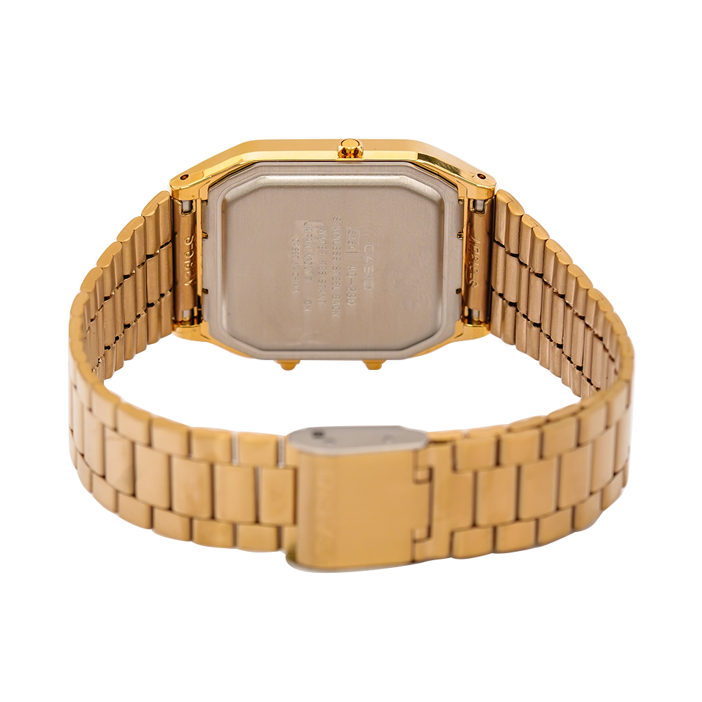 Jam Tangan Casio General AQ-230GA-9B Unisex Gold Digital Analog Dial Gold Stainless Steel Strap