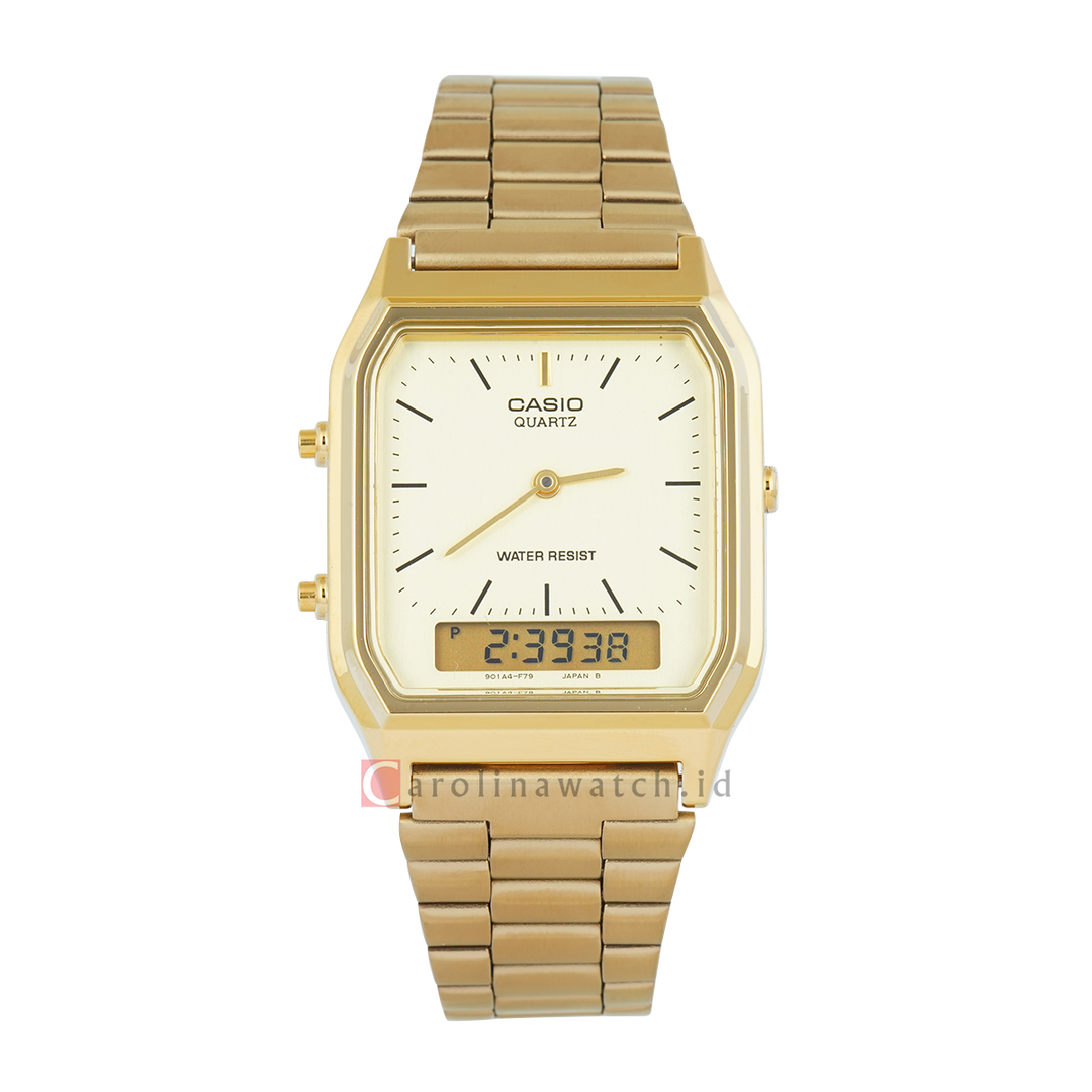 Jam Tangan Casio General AQ-230GA-9D Unisex Digital Analog Dial Gold Stainless Steel Strap