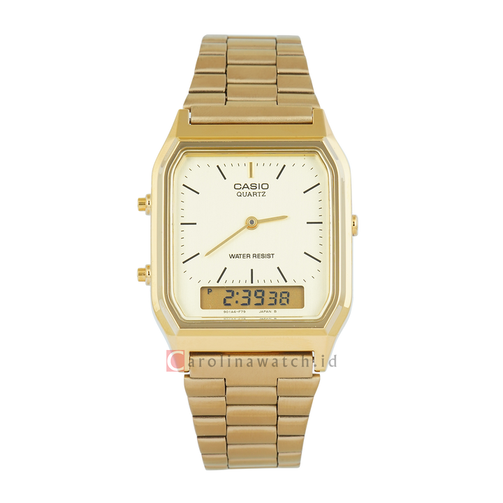 Jam Tangan Casio General AQ-230GA-9D Unisex Digital Analog Dial Gold Stainless Steel Strap