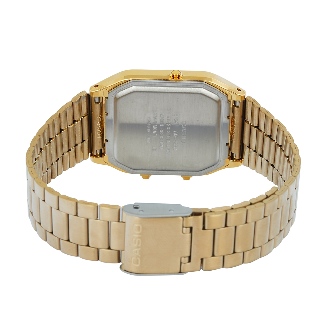 Jam Tangan Casio General AQ-230GA-9D Unisex Digital Analog Dial Gold Stainless Steel Strap