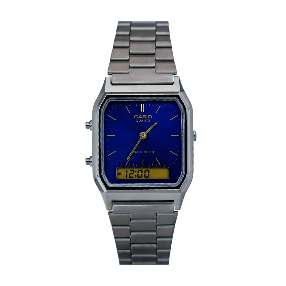 Jam Tangan Casio General AQ-230GG-2A Unisex Dark Blue Digital Analog Dial Black Stainless Steel Strap