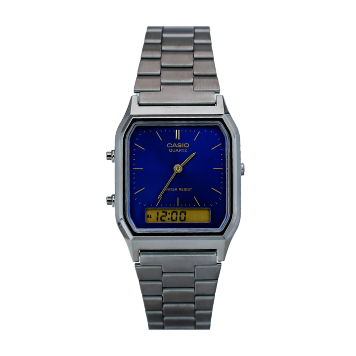 Jam Tangan Casio General AQ-230GG-2A Unisex Dark Blue Digital Analog Dial Black Stainless Steel Strap