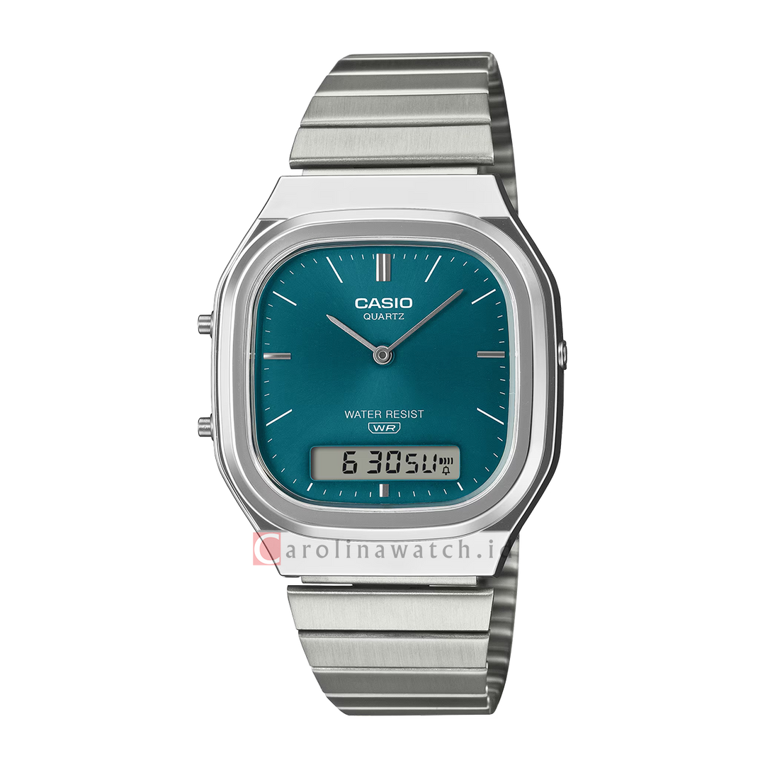 Jam Tangan Casio Vintage AQ-240E-3A Unisex Green Digital Analog Dial Stainless Steel Band