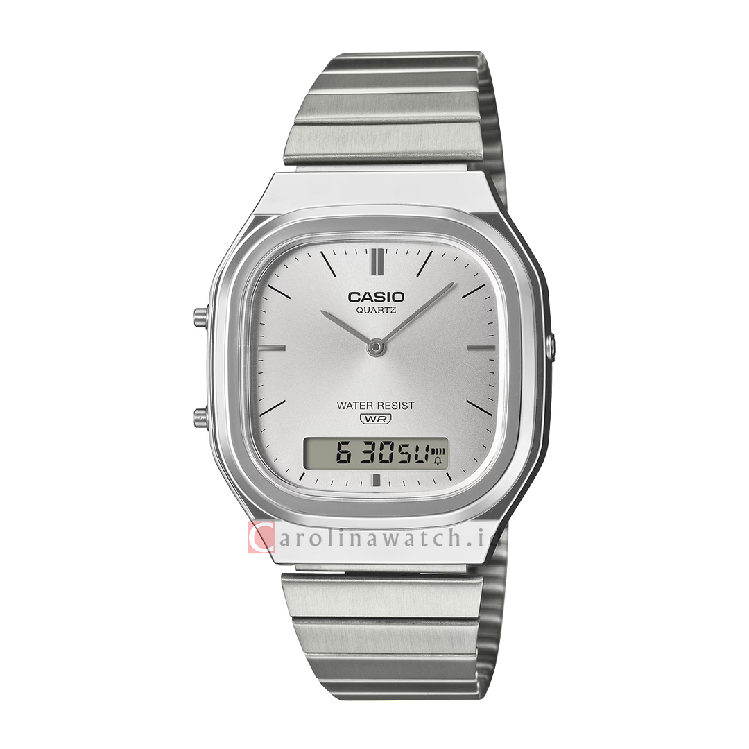 Jam Tangan Casio Vintage AQ-240E-7A Unisex Silver Digital Analog Dial Stainless Steel Band