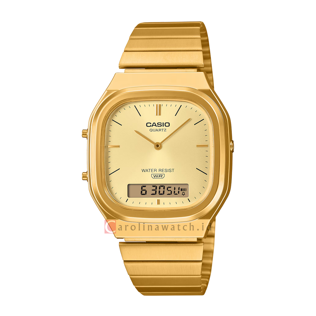 Jam Tangan Casio Vintage AQ-240EG-9A Unisex Gold Digital Analog Dial Gold Stainless Steel Band