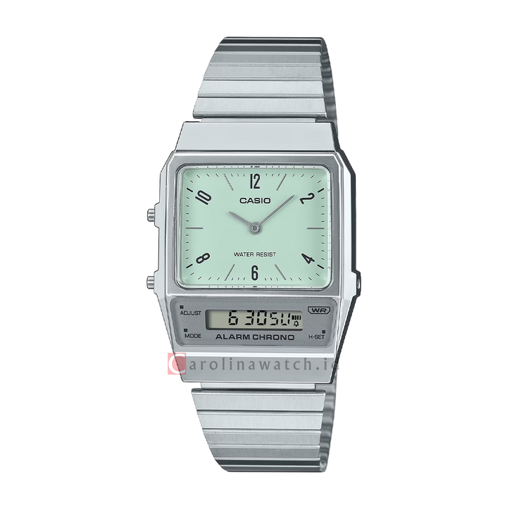 Jam Tangan Casio Vintage AQ-800E-3A Unisex Turquoise Analog Digital Dial Stainless Steel Band